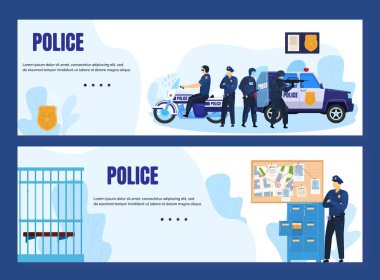 Polis memurları ve polis karakolu illüstrasyon illüstrasyonları ile polis kavramı. Polis ve polis üniformalı kadın, şehir polisi..