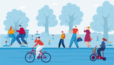 Şehir vektör illüstrasyonundaki bahar parkı. İnsanlar doğada, güzel şehir parkında, şehir manzarasında dinleniyorlar. Mutlu genç çift.