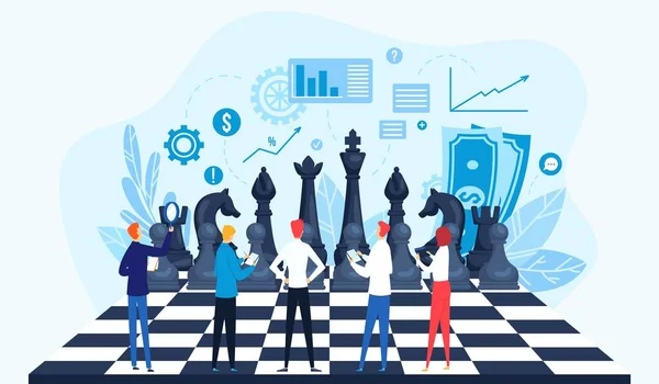 Estratégia, conceito de ilustração vetorial de gestão estratégica. Empresários no tabuleiro de xadrez, análise de dados, planejamento estratégico. —  Vetores de Stock
