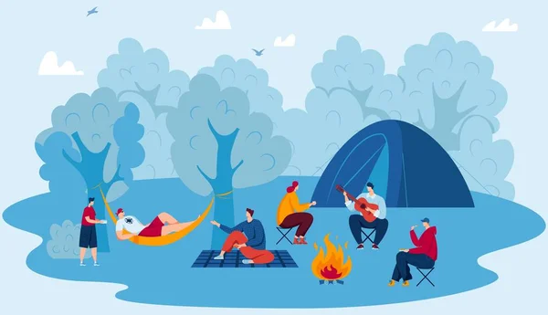 Camp im Wald, Reiseabenteuer, Tourismusvektorillustration. Campingplatz, Wander- und Outdoor-Freizeitkonzept mit Zeltreisenden. — Stockvektor