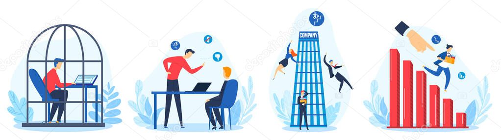 Work layoff, people kicked out of work set isolated flat vector illustration. Idea of unemployment. Jobless person, financial crisis.