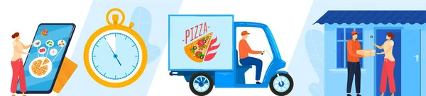 比萨交付的在线服务集孤立的病媒插图.送货员拿着意大利披萨纸盒.特种卡车. — 图库矢量图片