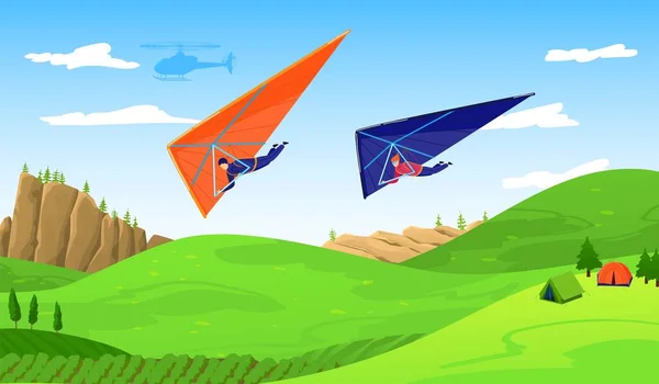 天空中的滑翔机紧邻森林,极限运动的冒险矢量图解.准平面自由飞行滑翔伞运动。风、跳伞和娱乐. — 图库矢量图片