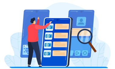 Mobil akıllı telefon düz tasarım vektör illüstrasyonunda ara. Arama motoru optimizasyonu ve web analitik elementleri kavramı. Mobil uygulama.
