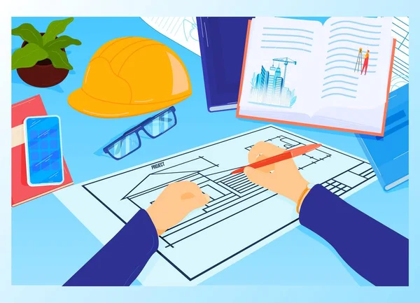 Bouwproject werkplek bij architect tabel vector illustratie. Huisplan met gereedschap, smartphone en boek. Technische dienst. — Stockvector