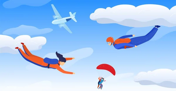 Parachutistes sportif dans l'air du ciel, illustration vectorielle de sport extrême. Du parachutisme. parachute amusant saut skydrivers. — Image vectorielle