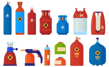 Yanıcı gaz silindiri vektör çizim seti, çizgi film düz yanıcı argon, asetilen, lpg propan veya bütan tankları