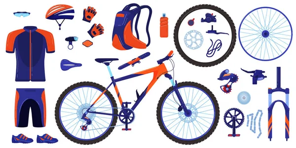 Set de ilustrații vectoriale pentru biciclete, piese de desene animate cu ciclu plat colecție de elemente infografice de unelte de ciclism, îmbrăcăminte sport — Vector de stoc