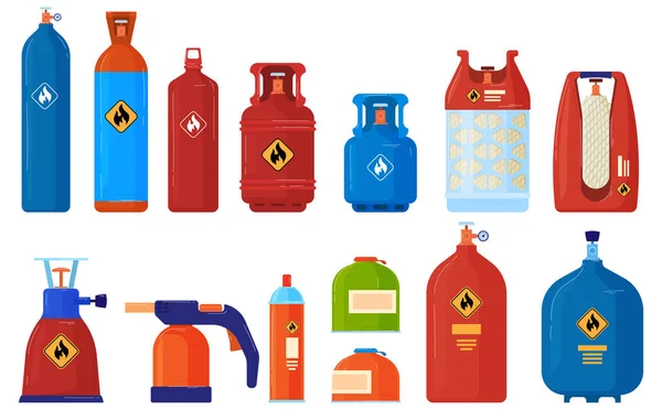 Brandfarliga behållare behållare vektor illustration set, tecknad platt brandfarliga argon, acetylen, lpg propan eller butan tankar — Stock vektor