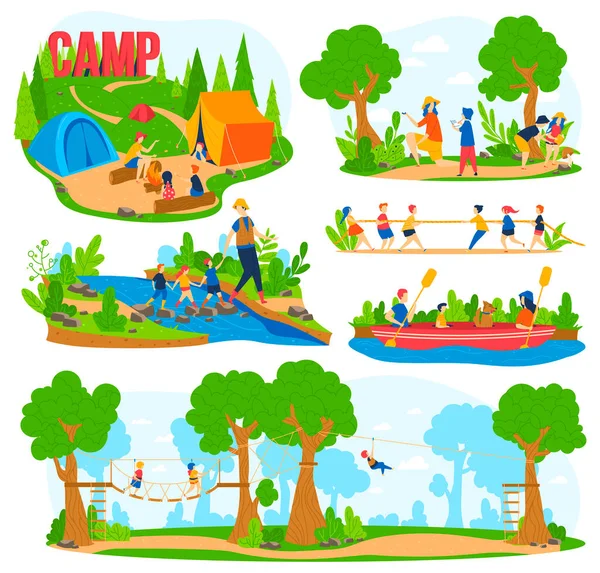 I bambini giocano giochi in campo estivo set illustrazione vettoriale, fumetto piatto parco giochi collezione campeggio all'aperto isolato su bianco — Vettoriale Stock