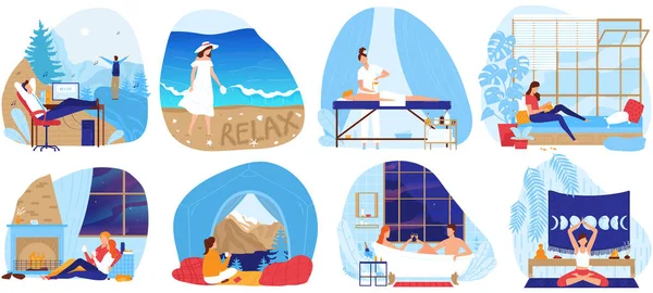 Relaxation vector illustration set, cartoon flat comfort relax meditation collection with people relaxing at bathroom, massage — Stock Vector