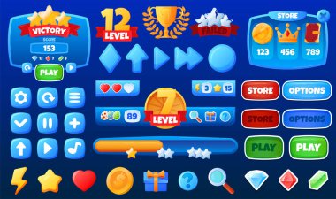 Mobil uygulama, oyun arayüzü düğmeleri, çeşitli simgeler, renkli grafik arayüzü ögeleri, çizgi film biçimi, vektör illüstrasyonu.