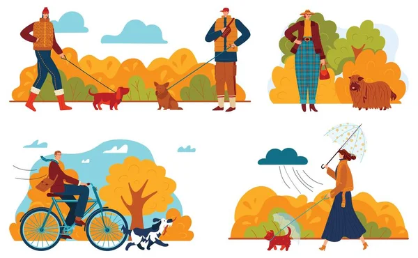 Herfst park, hond natuur wandeling, bladeren vliegen boom, wandelen meisje, paardrijden groot dier, ontwerp, in cartoon stijl vector illustratie. — Stockvector