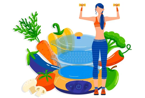 Gezond eten, dieet voeding, menselijke gezondheid, sport levensstijl, biologische maaltijd concept, design, in cartoon stijl vector illustratie. — Stockvector