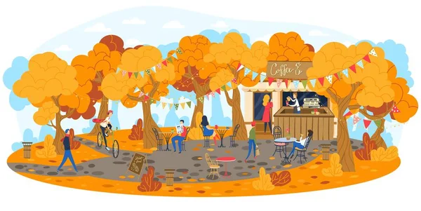 秋天的人们，女孩步行公园，年轻的户外喝咖啡，积极的活动，设计，风格卡通人物插图. — 图库矢量图片