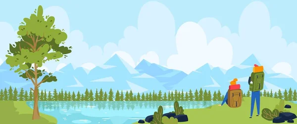 Mensen zomer, park meer, natuur landschap, man, vrouw rusten samen, leuke levensstijl, ontwerp, stijl cartoon vector illustratie. — Stockvector