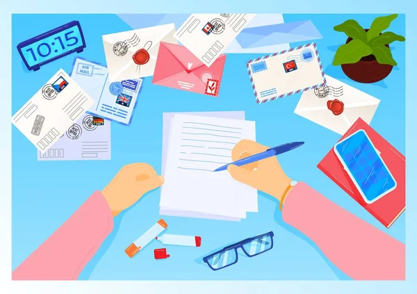 Writer desk, personal workplace, blue glasses view, letters send, hand piss letter paper, design, flat style vector illustration. — Διανυσματικό Αρχείο