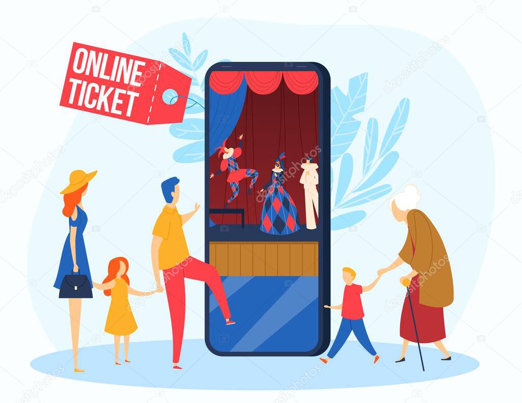 Ballet theater, online opera, network performance, show event, puppet productivity, design, cartoon style vector illustration.