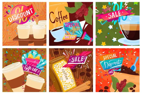 Banner de set de café, venta de bebidas de descuento, plantilla de café, promoción de alimentos de negocios, diseño, en ilustración vectorial de estilo de dibujos animados. — Vector de stock