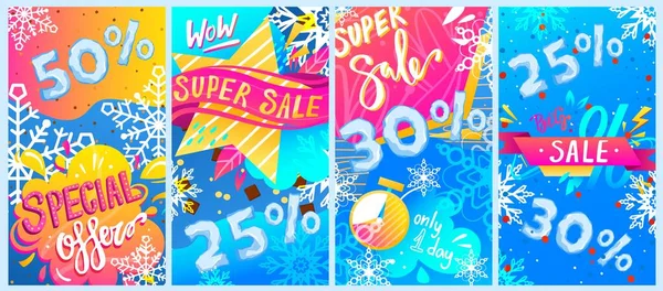 Winter verkoop speciale, super korting template, winkel teken sticker, seizoen markt lay-out, ontwerp, cartoon stijl vector illustratie. — Stockvector