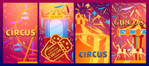 Carrousel de cirque, tente de carnaval bannière, parc d'attractions, foire aux événements, couleurs vives, design, illustration vectorielle de dessin animé de style. — Image vectorielle