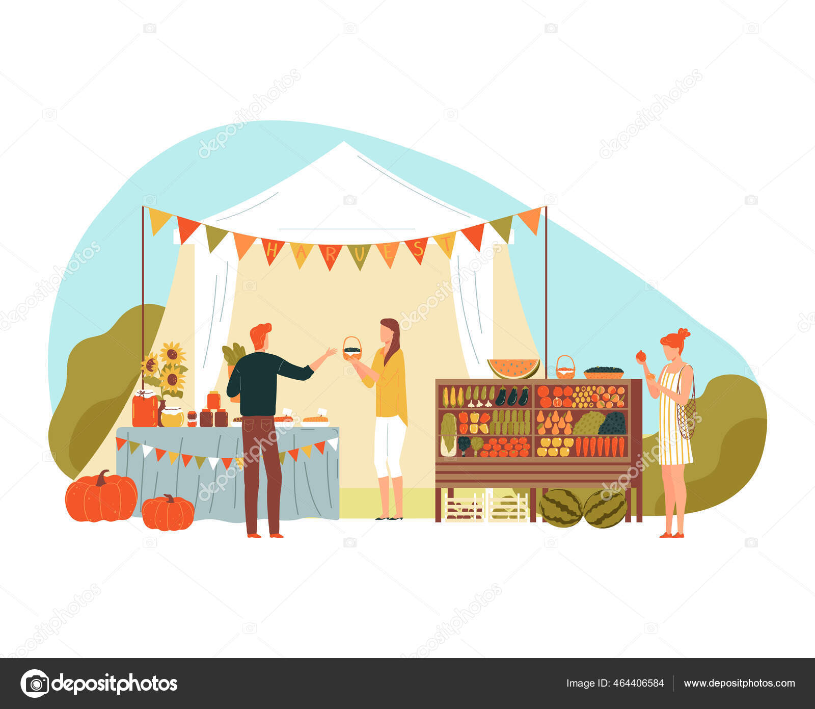 Feria Del Pueblo Gran Cosecha Mujer Agricultora Alegre Vende Su Cosecha Diseno Ilustracion Vectorial Estilo De Dibujos Animados Aislado En Blanco Vector Grafico Vectorial C Seahorsevector Imagen 464406584