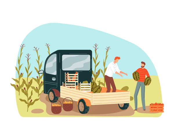 新鮮な果物、農場で収穫、夏の終わり、家を収穫する人々、白い上に隔離されたデザイン漫画スタイルのベクトルイラスト. — ストックベクタ