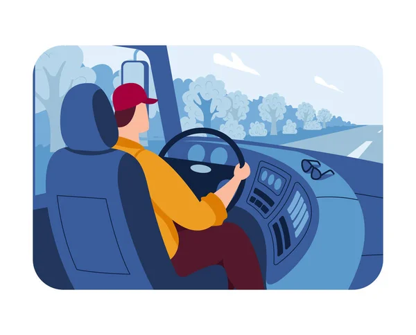 Truck driver work, large truck cabin, work transport, reliable vehicle, professional driver, cartoon style vector illustration. — Stock Vector