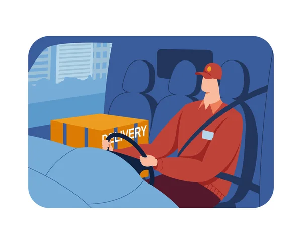 Transporte de camiones de la industria, vista interior de la cabina, conductor profesional, viaje de trabajo, vehículo rápido, ilustración vectorial estilo dibujos animados. — Vector de stock