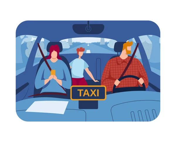 プロのドライバー、乗客は、車の中でタクシーに乗る、市内旅行、快適な自動車、デザイン漫画スタイルのベクトルイラスト — ストックベクタ