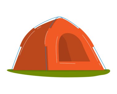 Seyahat çadırı seti, kamp malzemeleri, yaz macerası, çizgi film stili vektör çizimi, beyaz üzerine izole edilmiş..