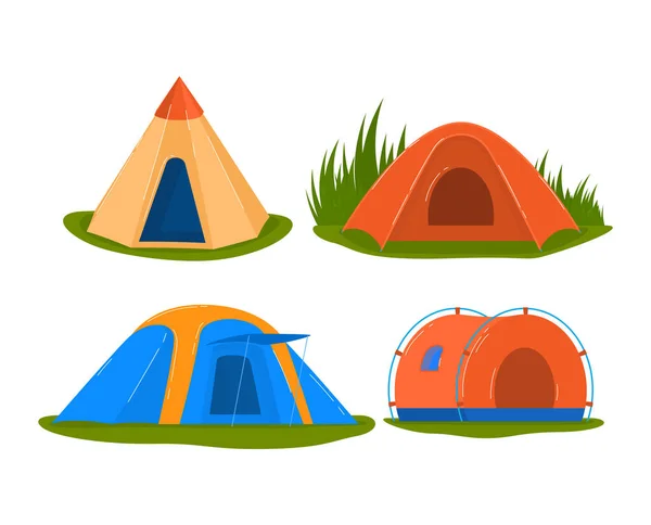 Set tenda da viaggio, attrezzatura da campeggio, avventura all'aperto estiva, illustrazione vettoriale in stile cartone animato di design, isolato su bianco. — Vettoriale Stock