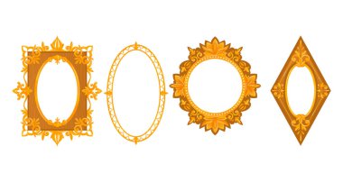 Klasik altın çerçeveler, zarif resim dekorasyonu, lüks, süslü görünüş, çizgi film stili vektör çizimi, beyaz üzerine izole edilmiş..