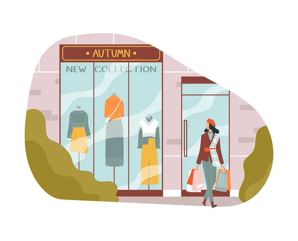 Fashion store, new autumn collection sale, retail, women 's accessories shopping center, design cartoon style vector illustration. — стоковый вектор