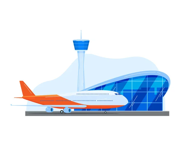 Lądowanie w samolocie na nowoczesnym lotnisku, transport na linii startu, projekt kreskówki styl wektor ilustracji, izolowane na białym. — Wektor stockowy