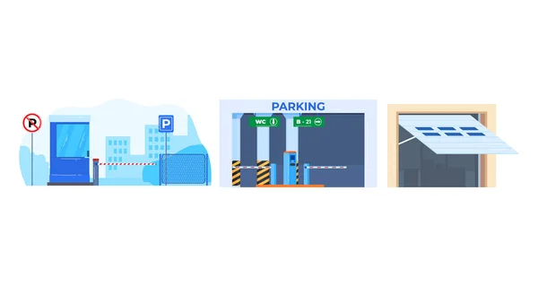 Set verschillende soorten parkeren, ondergrondse garage voor auto, binnen de stad, ontwerp cartoon stijl vector illustratie, geïsoleerd op wit. — Stockvector