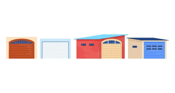 Garagem sólida contemporânea, porta bonita, edifício para transporte de armazenamento, ilustração do vetor do estilo dos desenhos animados, isolado no branco. —  Vetores de Stock