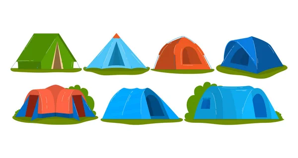 Cestovní stan set, camping vybavení, letní venkovní dobrodružství, design kreslený styl vektorové ilustrace, izolované na bílém. — Stockový vektor