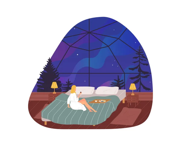 Techo de la sala de estrellas, ventana del cielo nocturno, decoración interior de la casa, arquitectura moderna, diseño, ilustración vectorial de estilo de dibujos animados. — Vector de stock