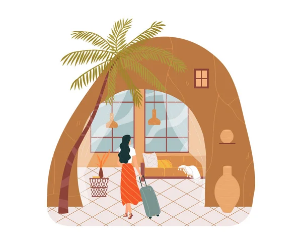 Hotel de recepção, mulher serviços confortáveis, férias de viagem, jovens, quarto elegante, design, ilustração vetorial de estilo plano. —  Vetores de Stock