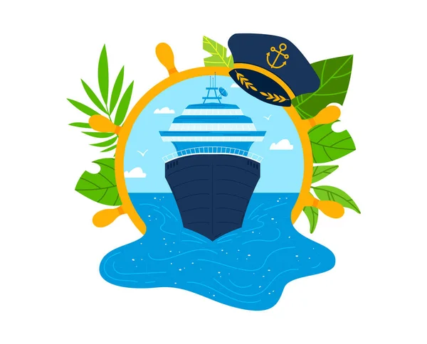Emblème de la mer, casquette de gouvernail nautique, symbole de voyage, fond de croisière, élément ancien chapeau, design, illustration vectorielle de style plat. — Image vectorielle