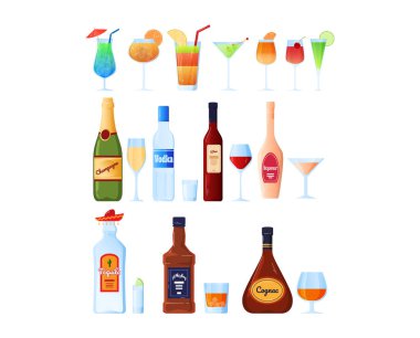 Alkol şişesi, şeffaf konyak bardağı, meşrubat, altın rengi, çizgi film stili vektör çizimi, beyaz üzerine izole edilmiş..