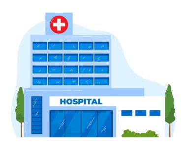 Hastane binası, tıbbi klinik, acil servis, beyazlar izole edilmiş, insan sağlığı, tasarım, düz stil vektör çizimi.