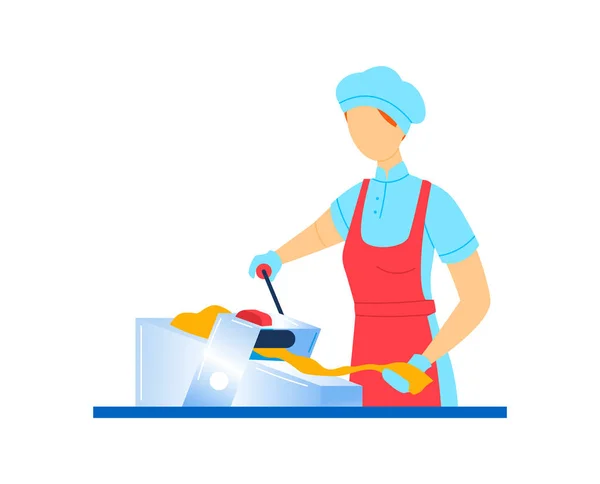 Noodle cutter, vrouw keuken werkmachine, geïsoleerd op wit, mechanische pasta maker, ontwerp, platte stijl vector illustratie. — Stockvector