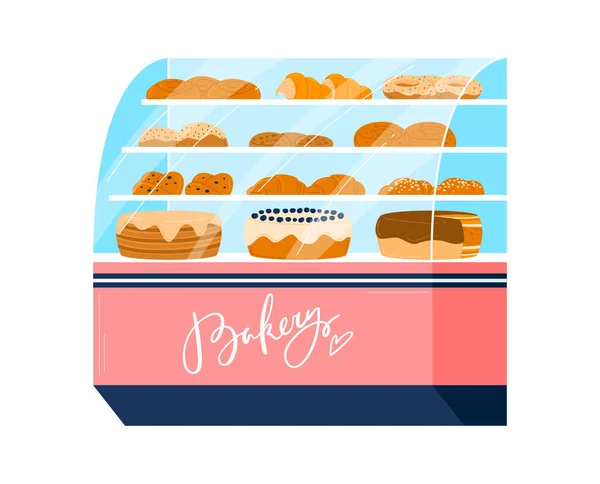 Showcase baked goods shop, bakery business isolated on white, bread products shelves, design, flat style vector illustration. — Stock Vector