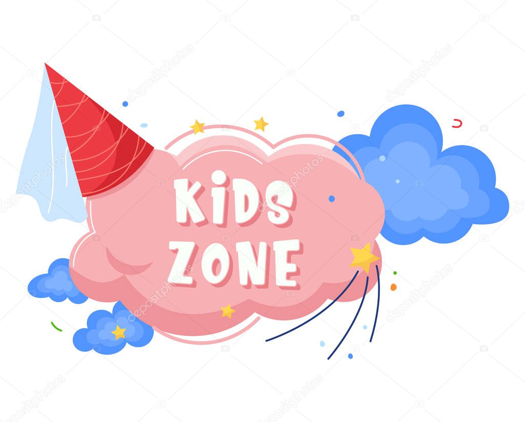 Kids club zone logo, education game area, recreation label, kid leisure, playground, design, cartoon style vector illustration. Friendly place, colorful sticker, lettering business, concept logo.