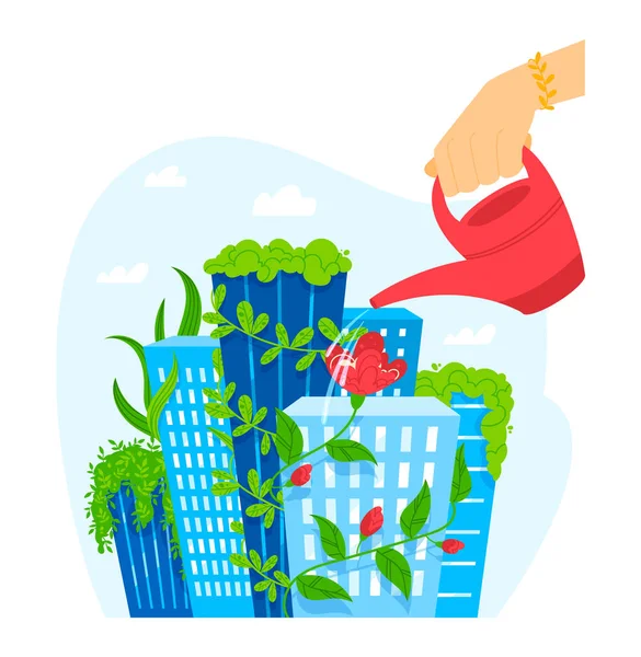 Città di progettazione del paesaggio, edificio urbano verde, irrigazione verde, giardino delle piante alto, design, illustrazione vettoriale in stile cartone animato. — Vettoriale Stock