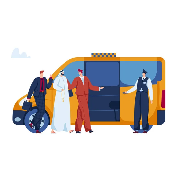 Biznesmeni, taksówkarz arabski, izolowany na białym, transport samochodowy, muzułmańskie usługi samochodowe, projekt, płaski styl wektor ilustracji — Wektor stockowy