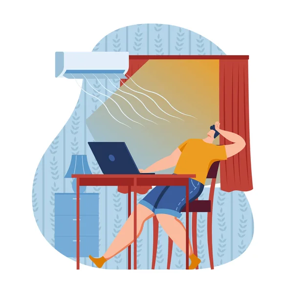 Trabajo conceptual, aire acondicionado, hombre sentado caliente, descanso en casa, computadora de relajación, diseño, en ilustración vectorial estilo dibujos animados. — Archivo Imágenes Vectoriales
