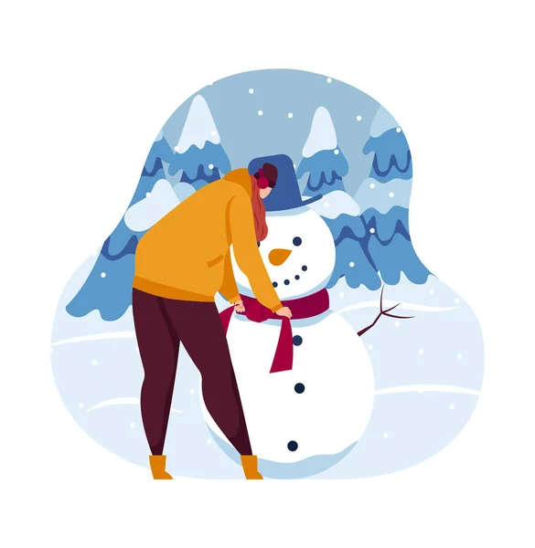 Concept de bonhomme de neige, amusement de neige, vacances hiver enneigé, paysage de vacances humaines, conception, dans l'illustration vectorielle de style dessin animé. — Image vectorielle
